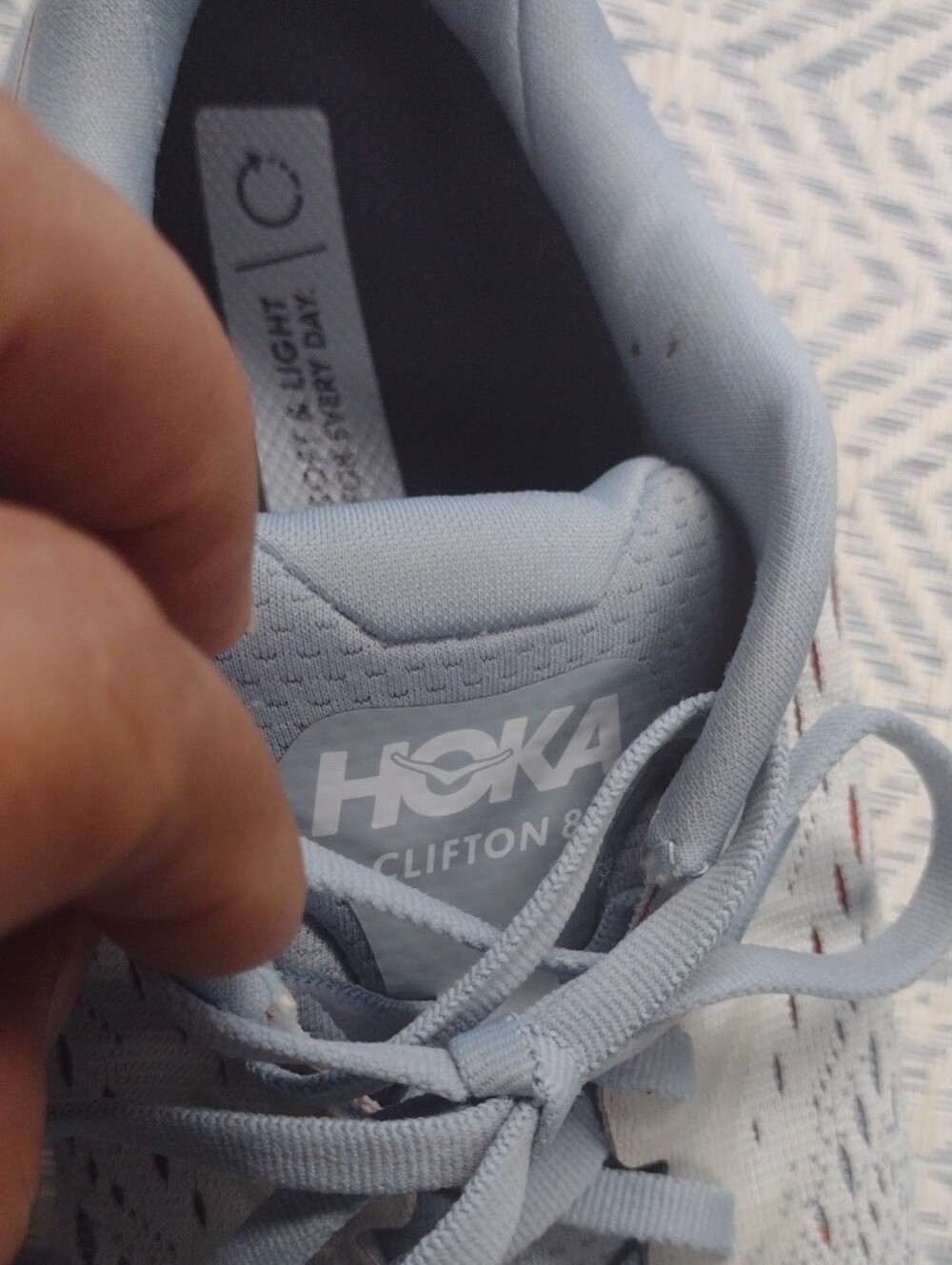 Hoka One One Clifton 8 Light Gray and Coral Athletic Shoe . - Picture 14 of 16